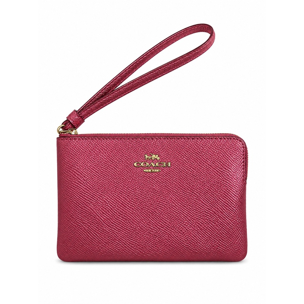 Coach Corner Zip Wristlet Metallic Pink Crossgrain Leather